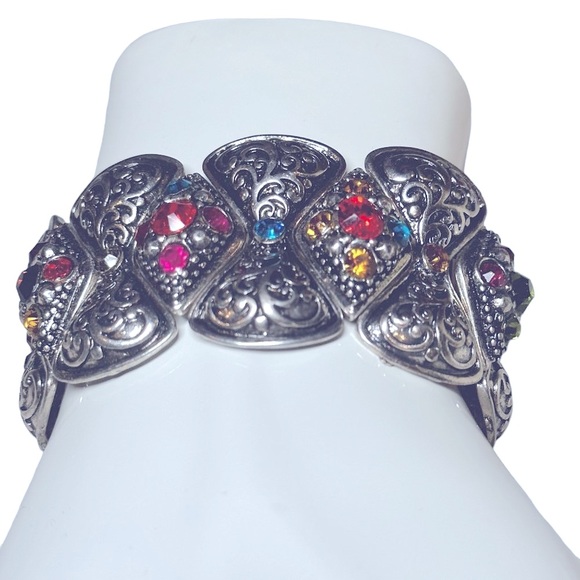 Silvertone Stretch Beaded Statement Bracelet - Picture 2 of 2